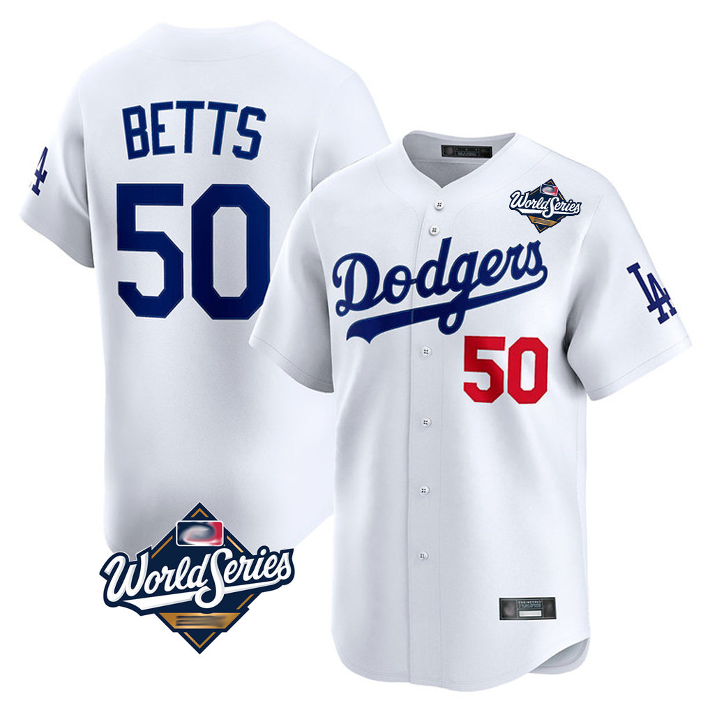 Tlead LA.Dodgers #50 Mookie Betts Player White World Series Limited Home Stitched Jerseys