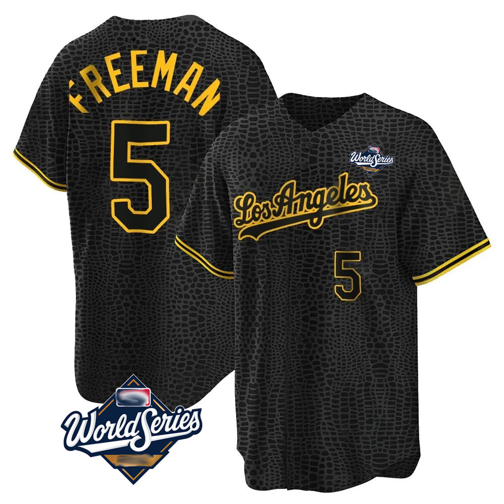 Tlead LA.Dodgers #5 Freddie Freeman Player Black Gold World Series Limited Home Stitched Jerseys