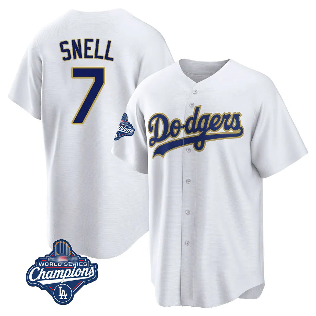 Tlead LA.Dodgers #7 Blake Snell Player Gold White World Series Meet Home Game Stitched Jerseys
