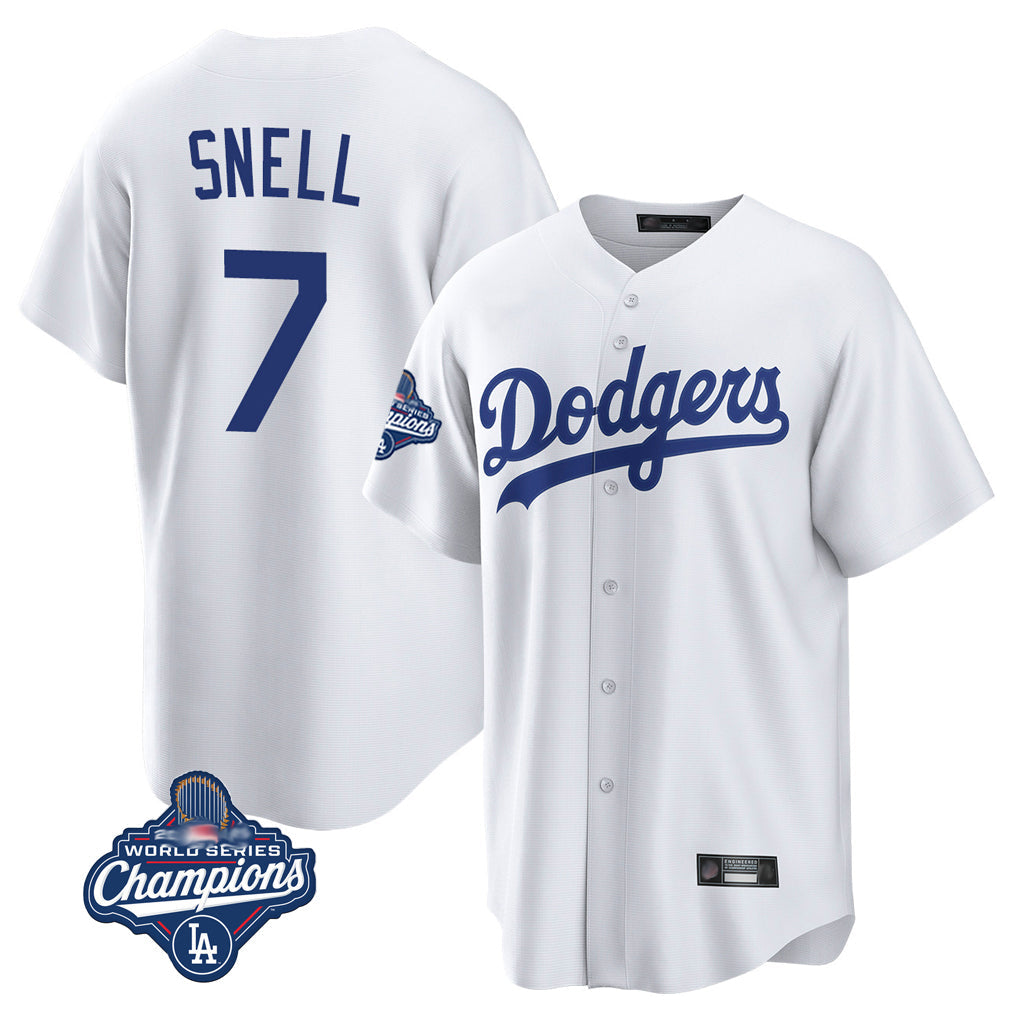 Tlead LA.Dodgers #7 Blake Snell Player White Game World Series Meet Stitched Jerseys