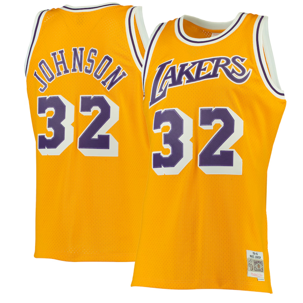 Tlead LA.Lakers #32 Magic Johnson Mitchell & Ness Gold 1984-1985 Hardwood Classics Swingman Jerseys