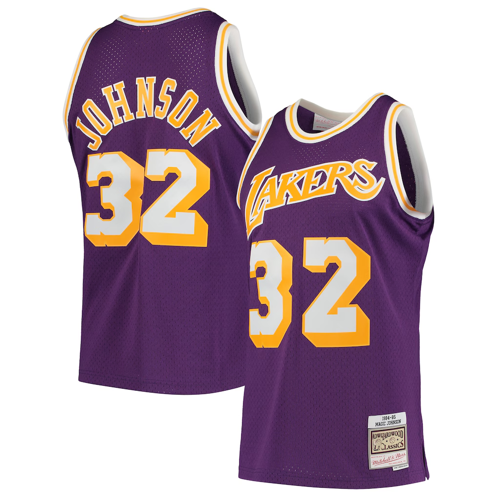 Tlead LA.Lakers #32 Magic Johnson Mitchell & Ness Purple 1984-1985 Hardwood Classics Swingman Jerseys