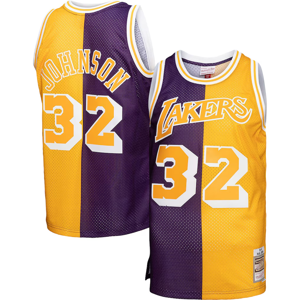 Tlead LA.Lakers #32 Magic Johnson Mitchell & Ness PurpleGold Big & Tall Hardwood Classics 198485 Split Swingman Jerseys