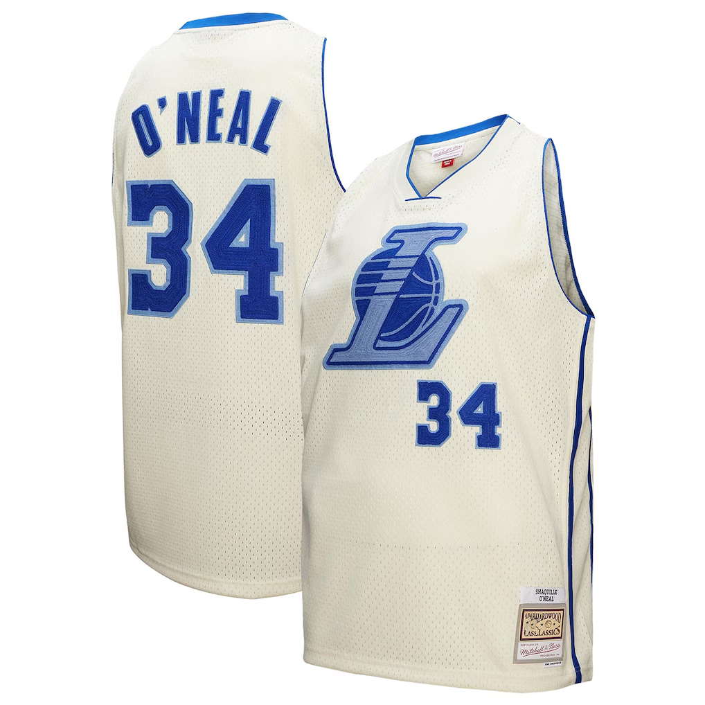 Tlead LA.Lakers #34 Shaquille O'Neal Mitchell & Ness Cream Chainstitch Swingman Jerseys