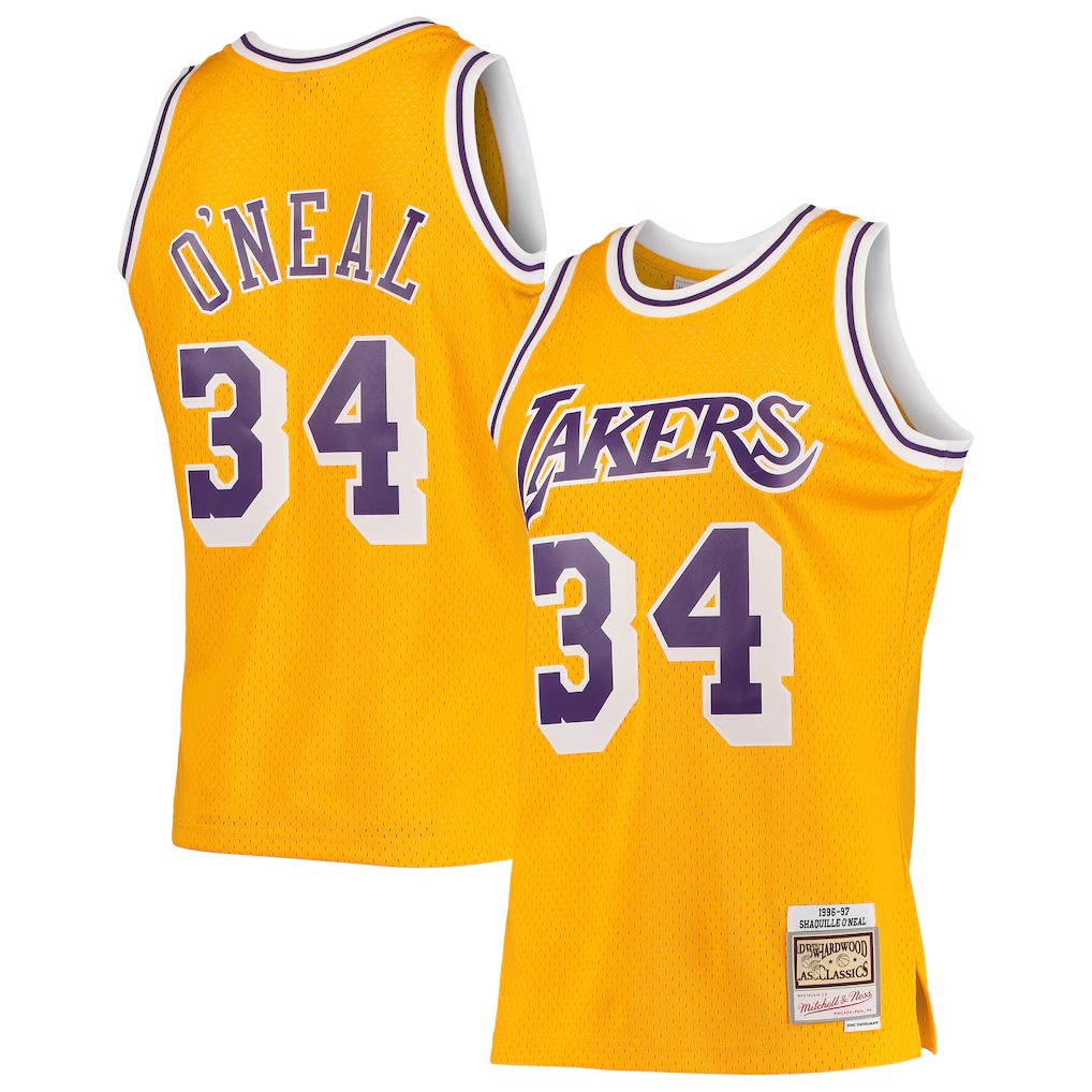 Tlead LA.Lakers #34 Shaquille O'Neal Mitchell & Ness Gold 199697 Hardwood Classics Swingman Jerseys