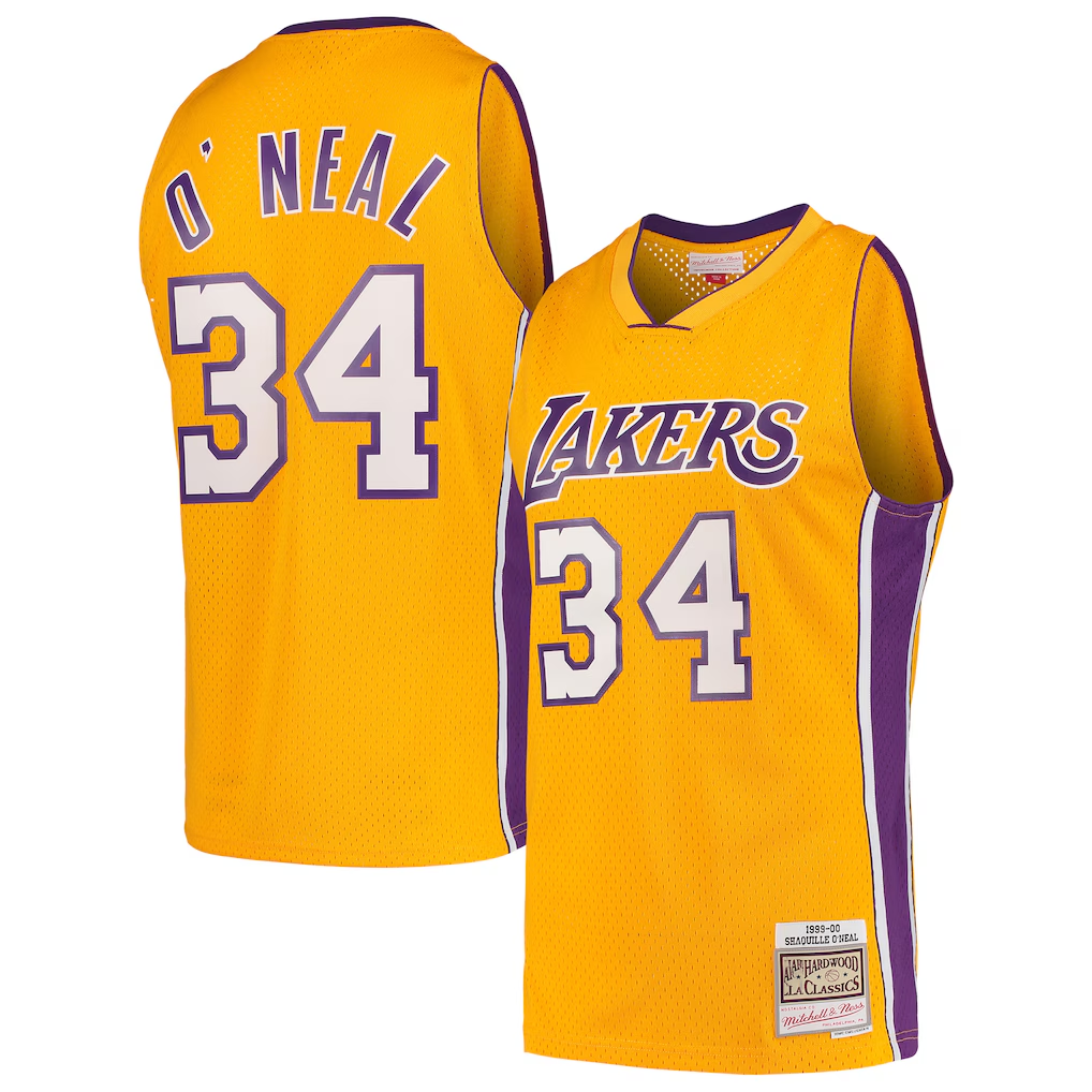 Tlead LA.Lakers #34 Shaquille O'Neal Mitchell & Ness Gold Hardwood Classics Swingman Jerseys
