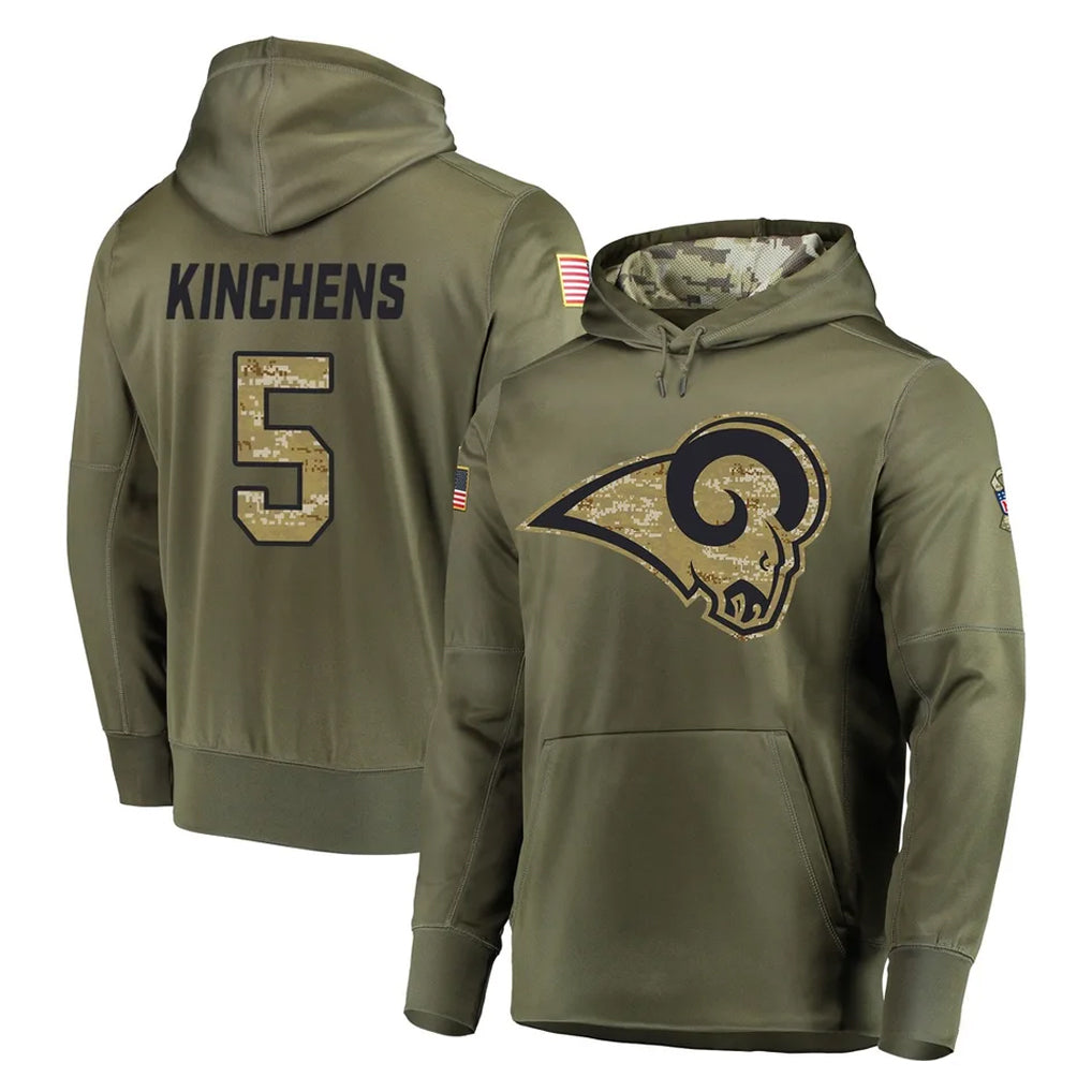 Tlead LA.Rams #5 Kamren Kinchens Player Olive Salute to Service Pullover Hoodies Home Game Stitched Jerseys
