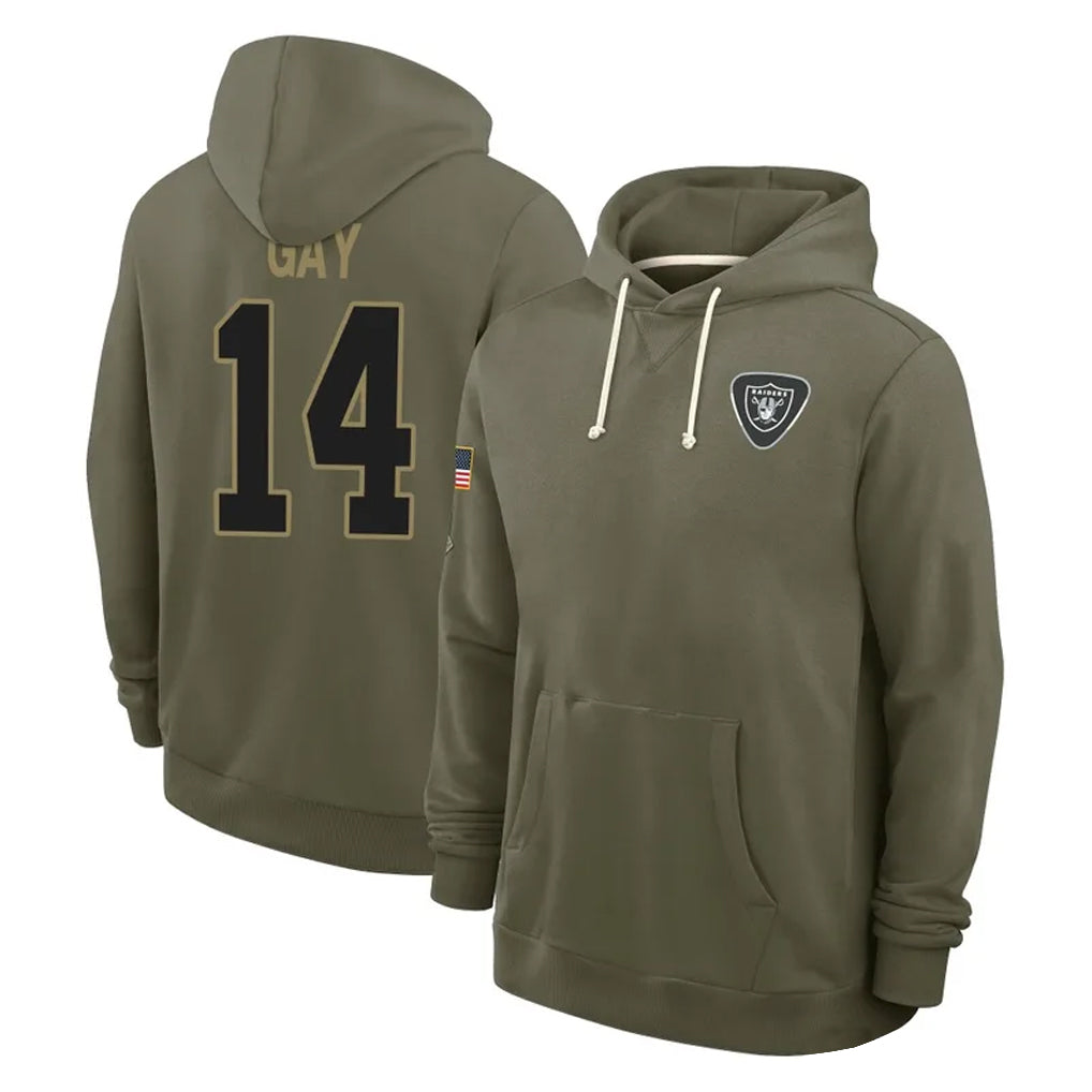Tlead LV.Raiders #14 Matt Gay Player Olive Salute to Service Pullover Hoodies Limited Stitched Jerseys