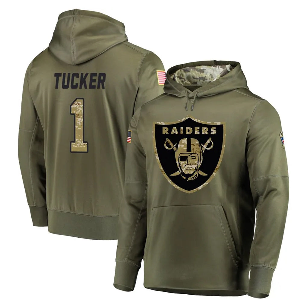 Tlead LV.Raiders #1 Tre Tucker Player Olive Salute to Service Pullover Hoodies Home Game Stitched Jerseys