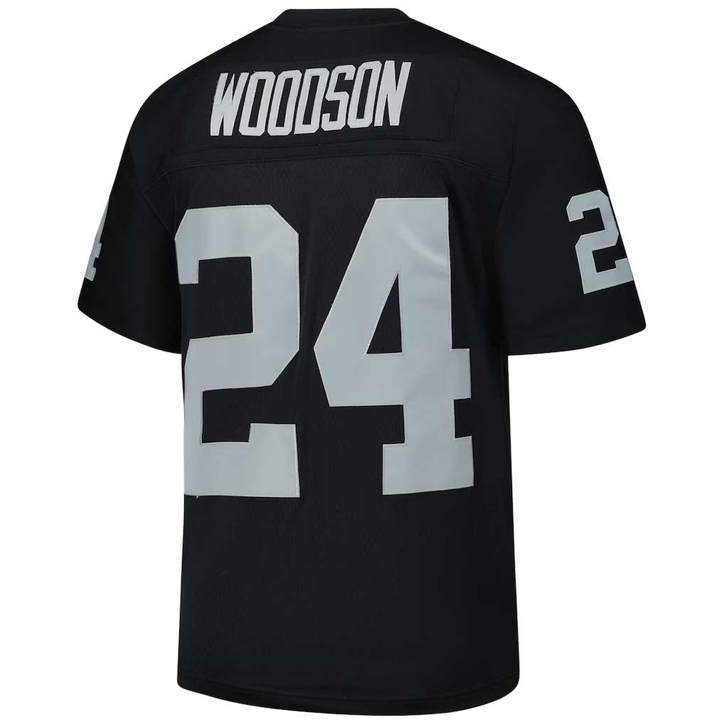 Tlead LV.Raiders #24 Charles Woodson Mitchell & Ness Black Legacy Replica Jersey Stitched Puhic