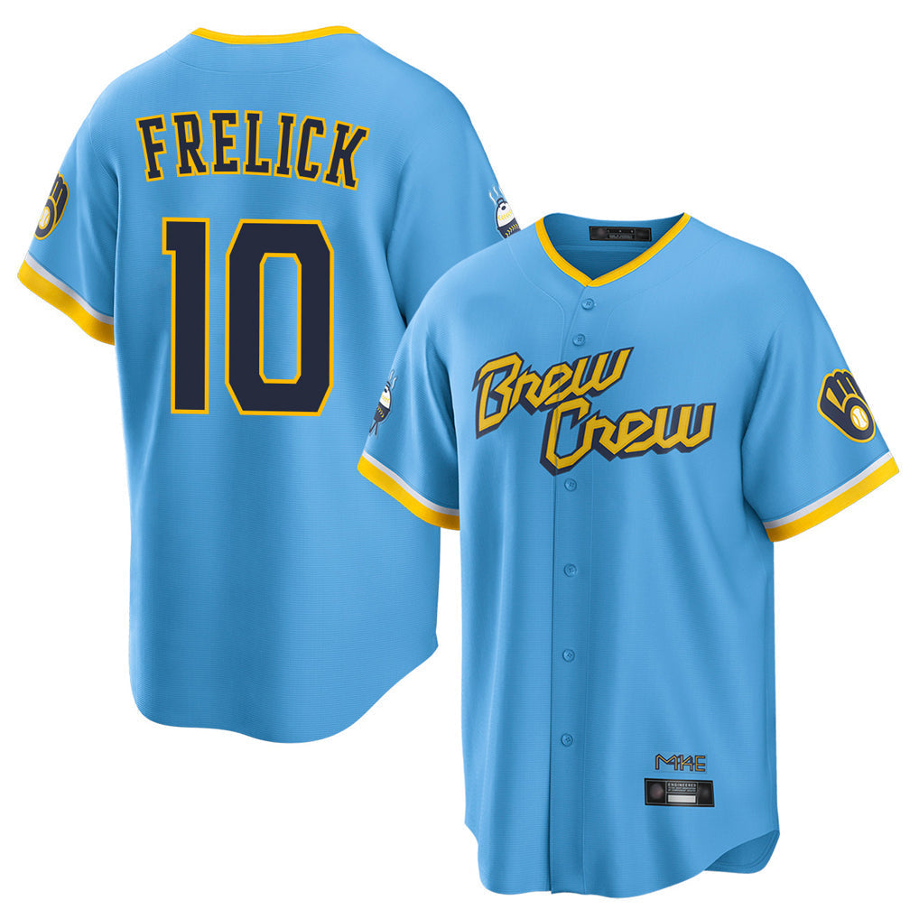 Tlead M.Brewers #10 Sal Frelick Player Light Blue City Connect Home Game Stitched Jerseys
