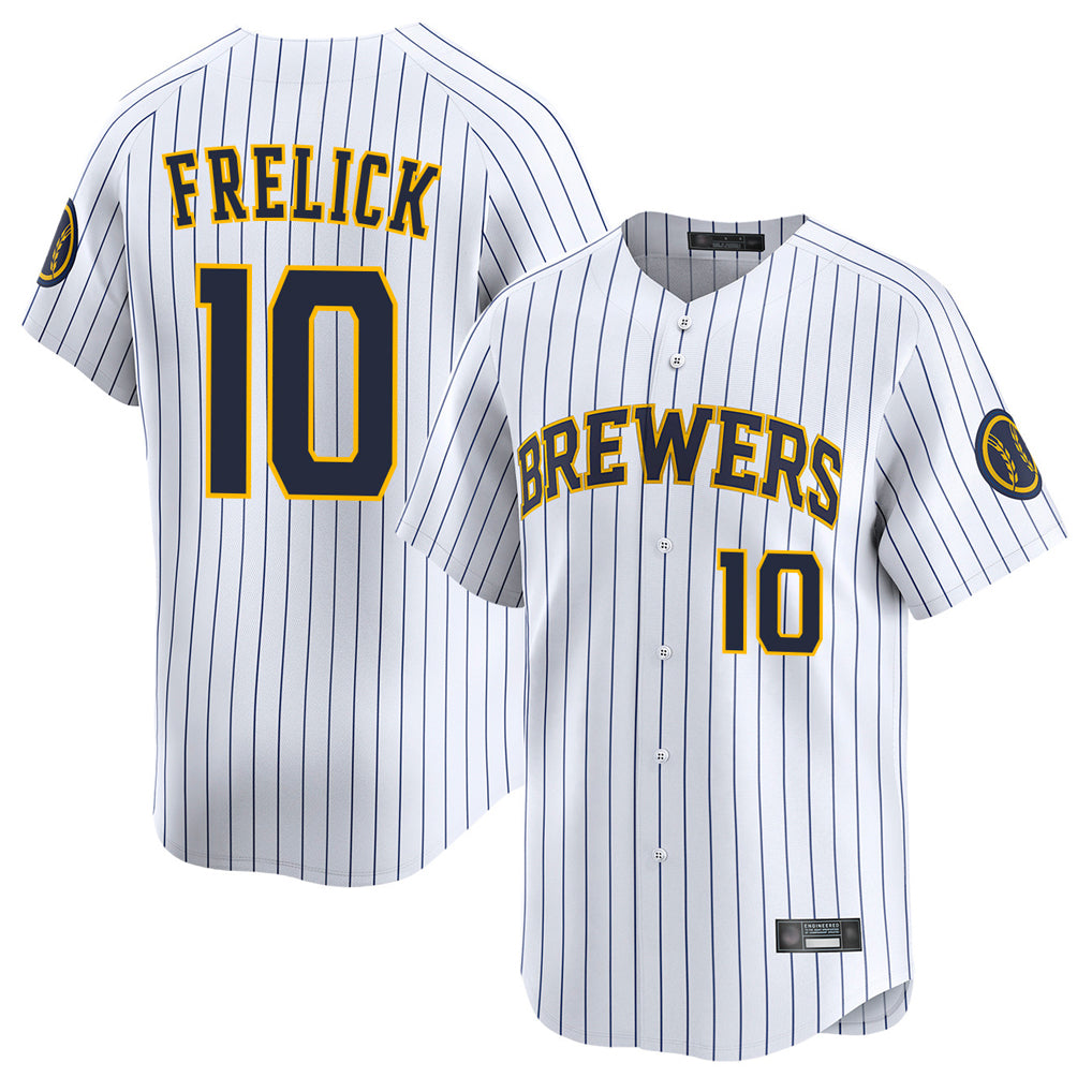 Tlead M.Brewers #10 Sal Frelick Player White Stripes Home Limited Game Stitched Jerseys