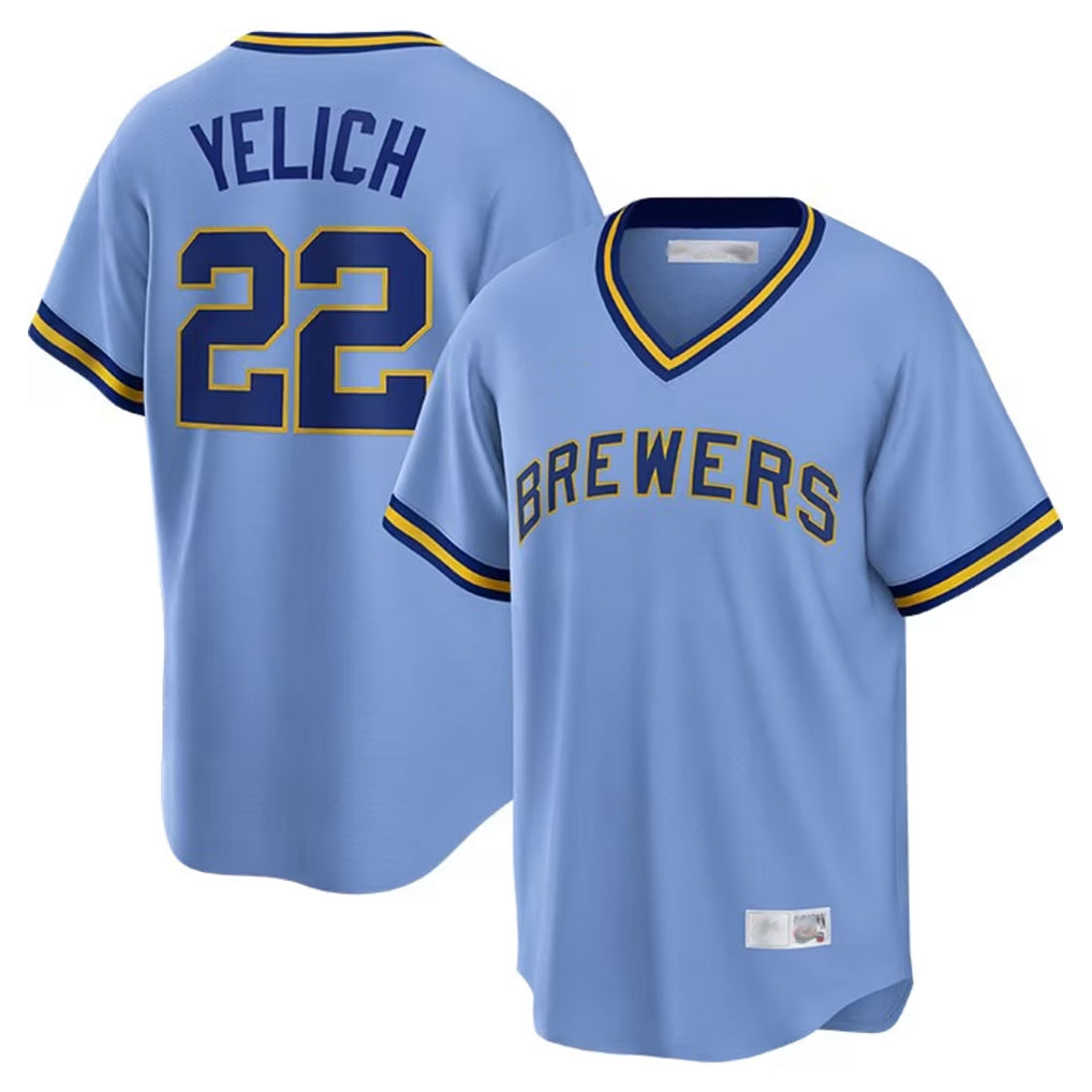 Tlead M.Brewers #22 Christian Yelich Player Light Blue Cooperstown Collection Game T-shirt Stitched Jerseys