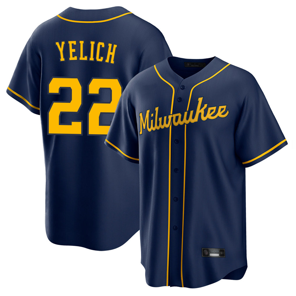 Tlead M.Brewers #22 Christian Yelich Player Navy Home Game Stitched Jerseys