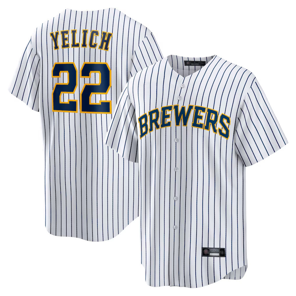 Tlead M.Brewers #22 Christian Yelich Player White Stripes Home Game Stitched Jerseys
