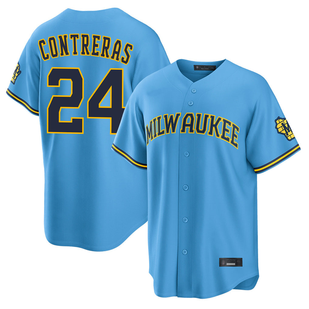 Tlead M.Brewers #24 William Contreras Player Light Blue Road Stadium Game Stitched Jerseys