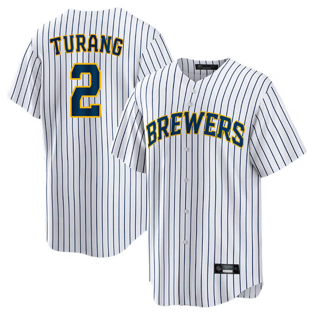 Tlead M.Brewers #2 Brice Turang Player White Stripes Home Game Stitched Jerseys