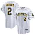 Tlead M.Brewers #2 Brice Turang Player White Stripes Home Limited Game Stitched Jerseys