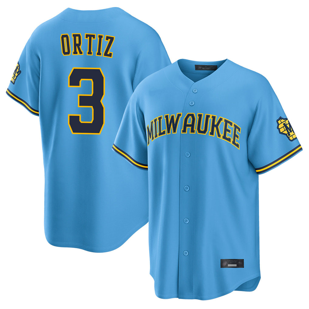 Tlead M.Brewers #3 Joey Ortiz Player Light Blue Road Stadium Game Stitched Jerseys