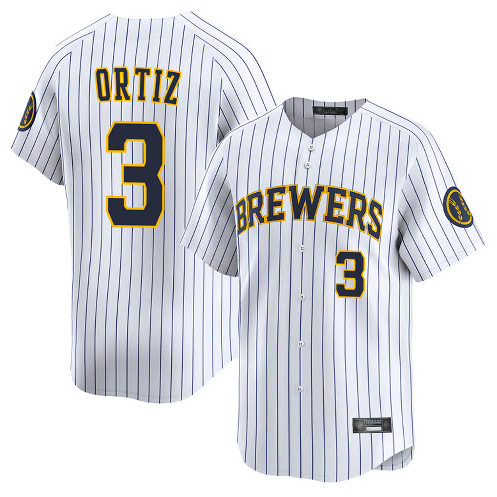 Tlead M.Brewers #3 Joey Ortiz Player White Stripes Home Limited Game Stitched Jerseys