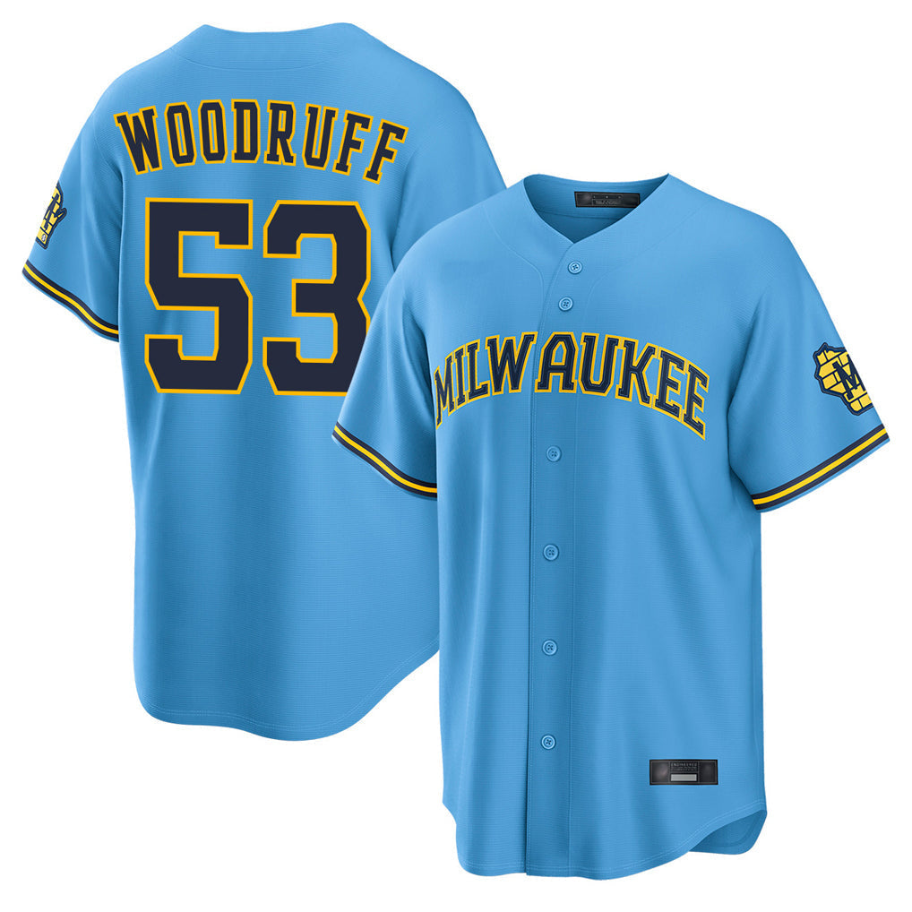 Tlead M.Brewers #53 Brandon Woodruff Player Light Blue Road Stadium Game Stitched Jerseys