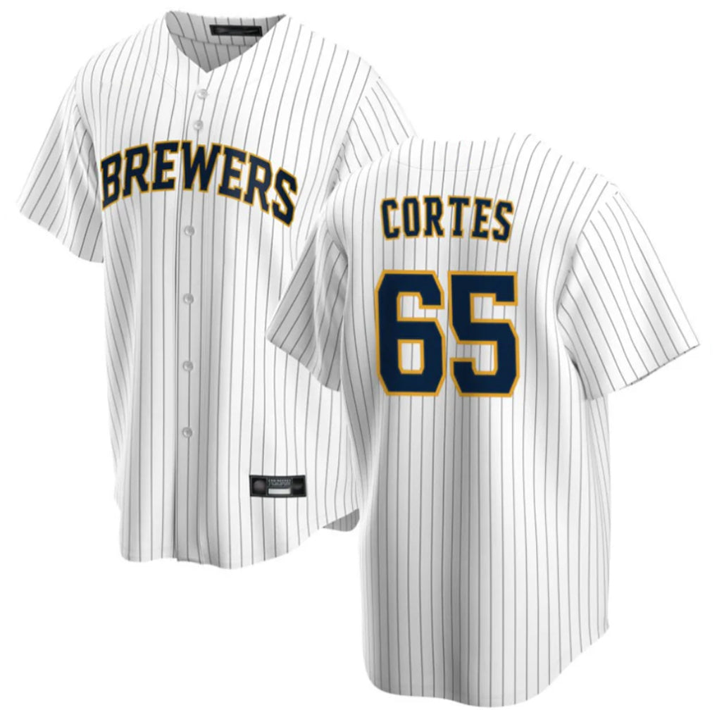 Tlead M.Brewers #65 Nestor Cortes Player White Stripes Home Game Stitched Jerseys