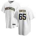 Tlead M.Brewers #65 Nestor Cortes Player White Stripes Home Game Stitched Jerseys