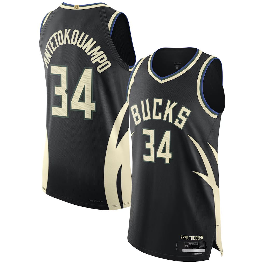 Tlead M.Bucks #34 Giannis Antetokounmpo Black Authentic Player Jerseys - Statement Edition
