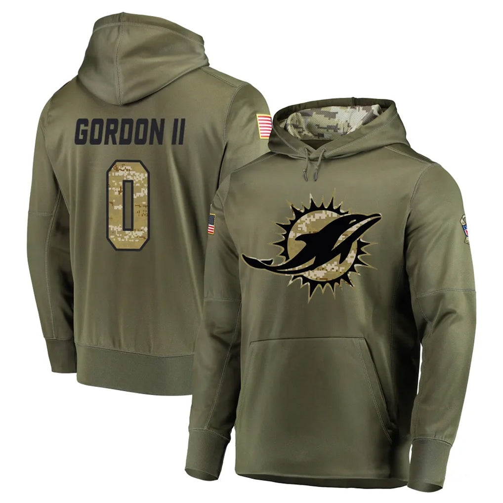 Tlead M.Dolphins #0 Ollie Gordon II Player Olive Salute to Service Pullover Hoodies Home Game Stitched Jerseys