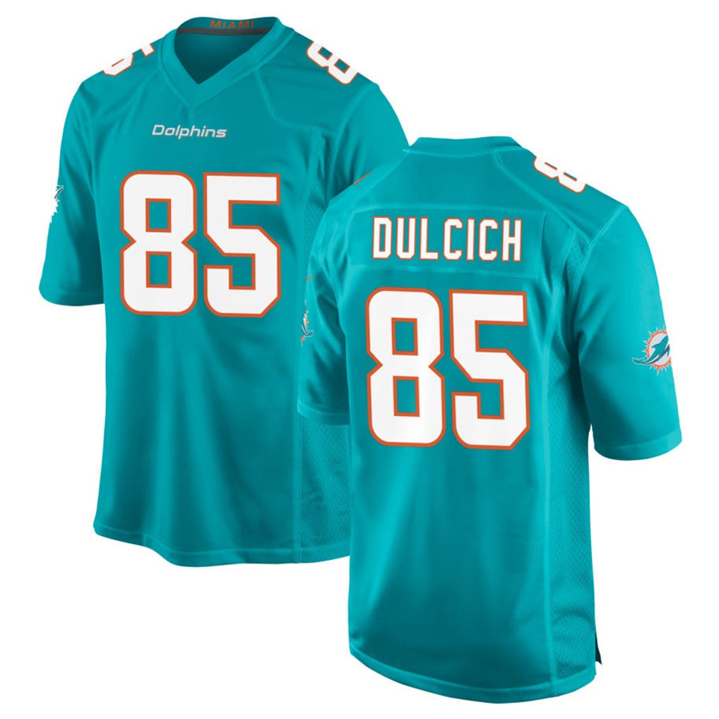 Tlead M.Dolphins #85 Greg Dulcich Player Aqua Home Game Stitched Jerseys