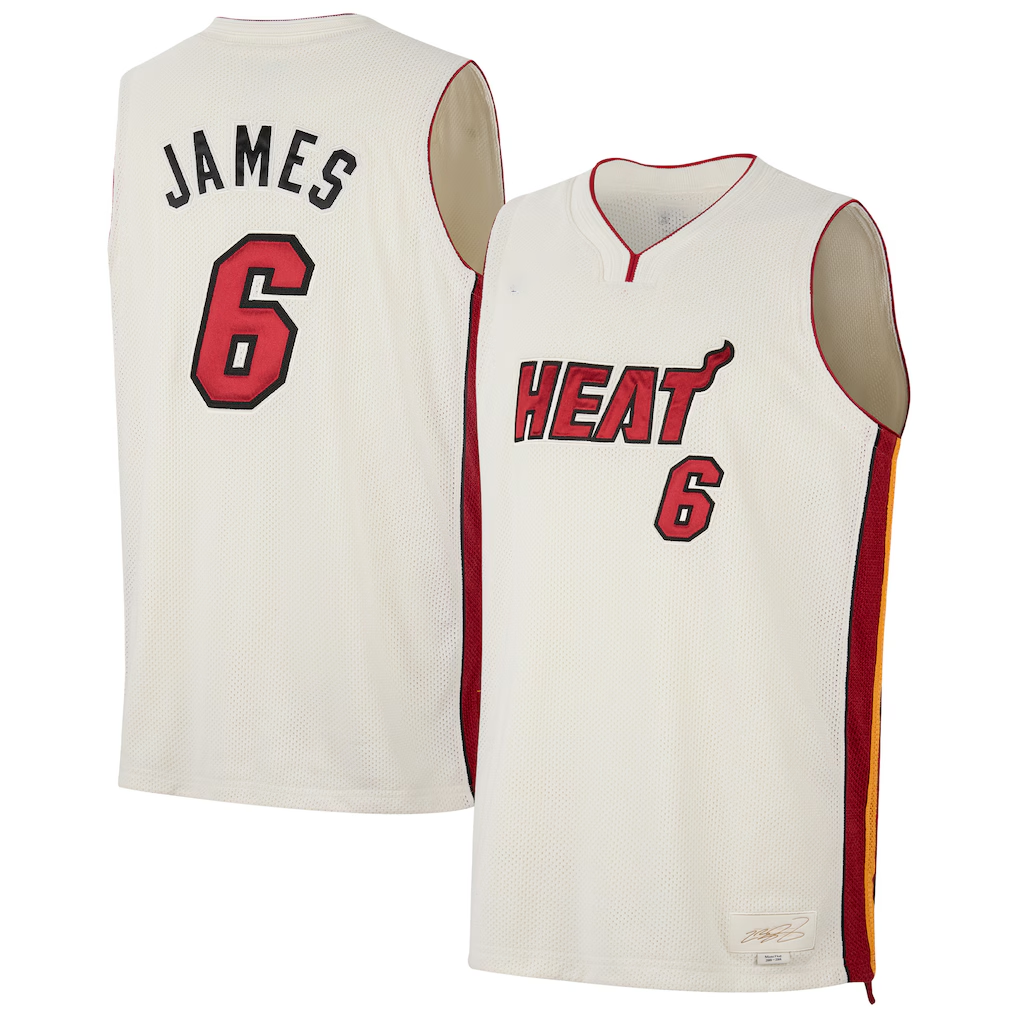 Tlead M.Heat #6 LeBron James Cream Forever King Reserve Authentic Jerseys