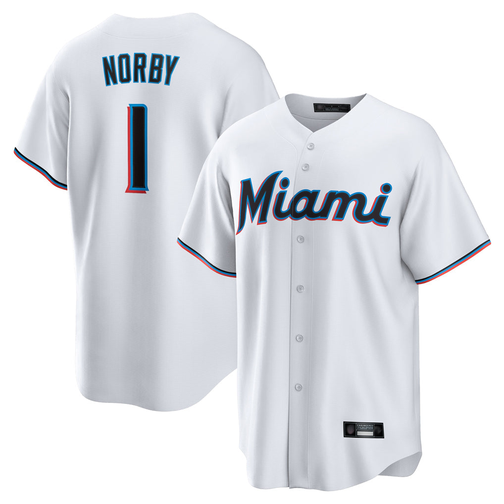 Tlead M.Marlins #1 Connor Norby Player White  Home Game Stitched Jerseys