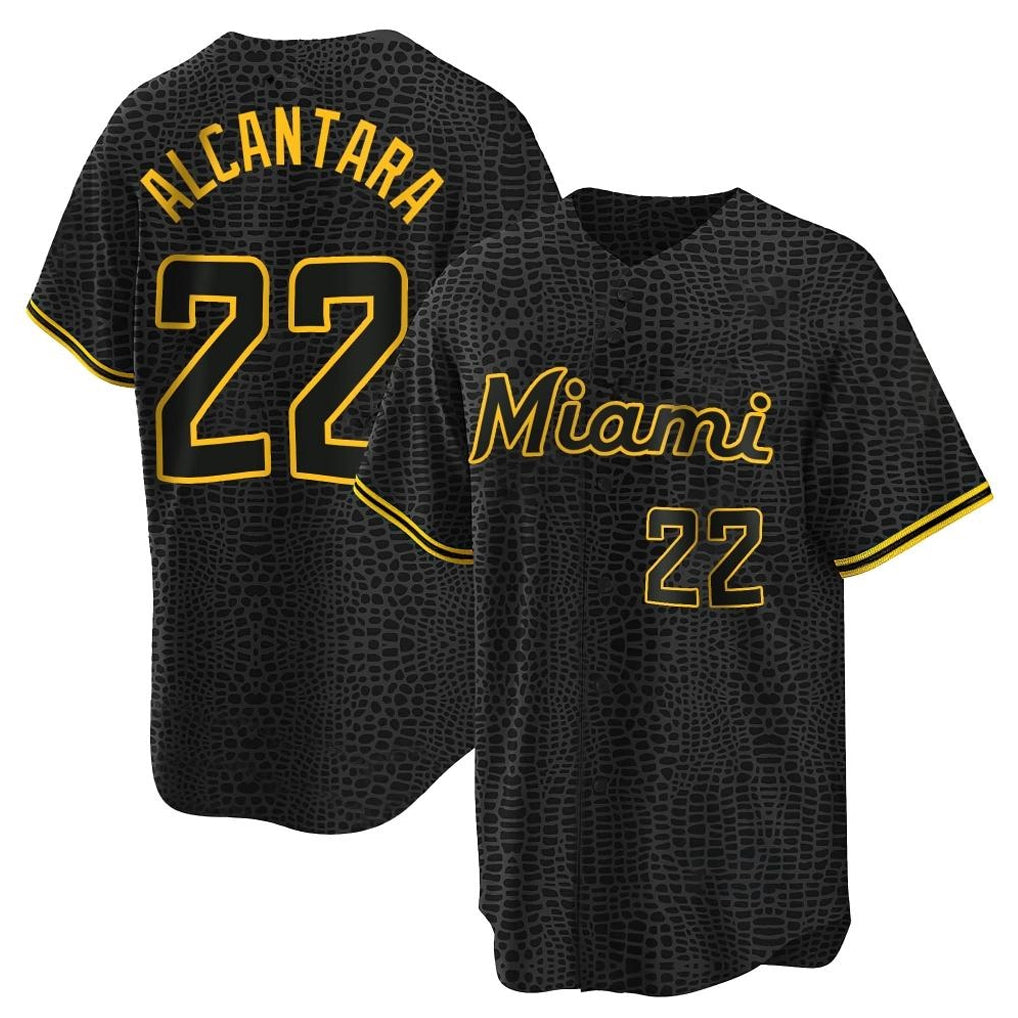 Tlead M.Marlins #22 Sandy Alcantara Player Black Snake Skin City Home Game Stitched Jerseys