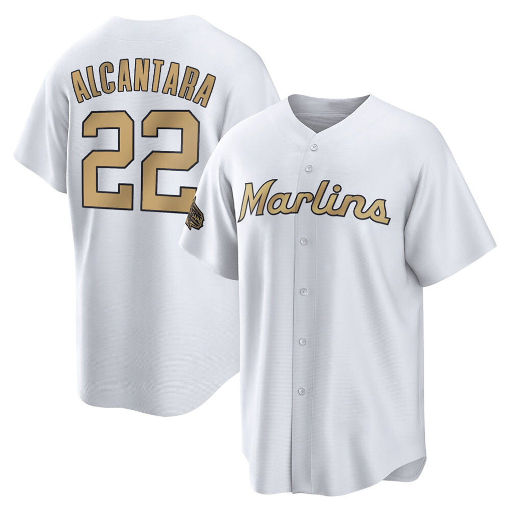 Tlead M.Marlins #22 Sandy Alcantara Player Gold Home Game Stitched Jerseys