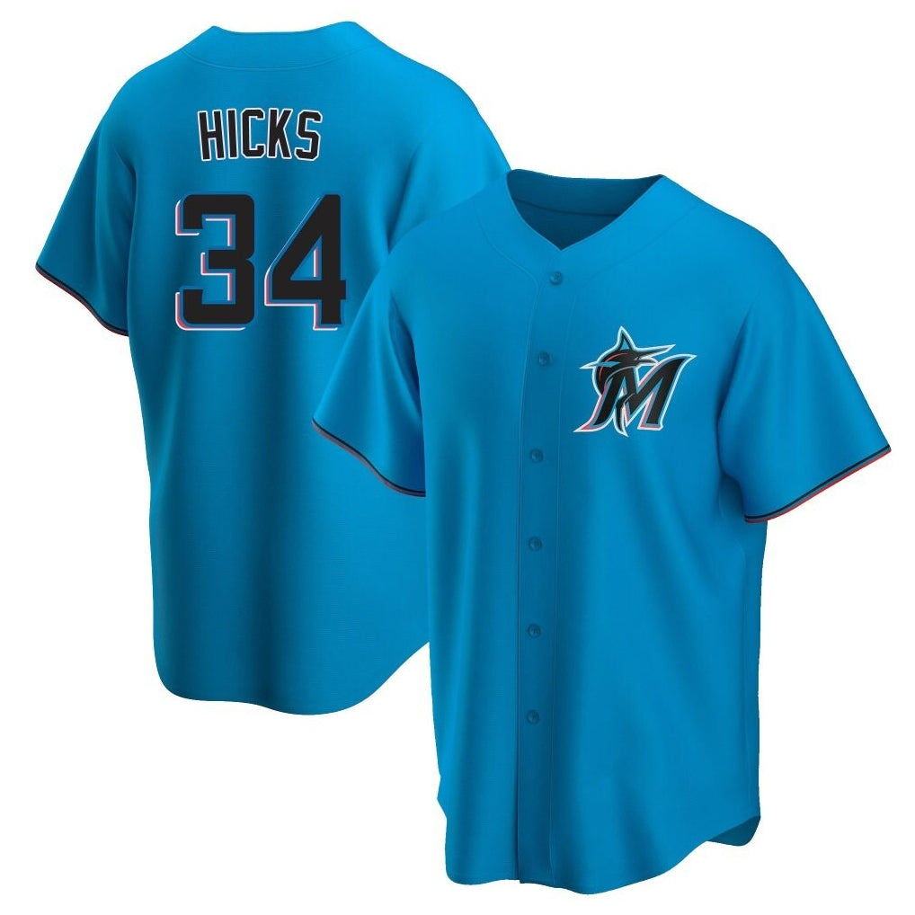 Tlead M.Marlins #34 Liam Hicks Player Blue Home Game Stitched Jerseys