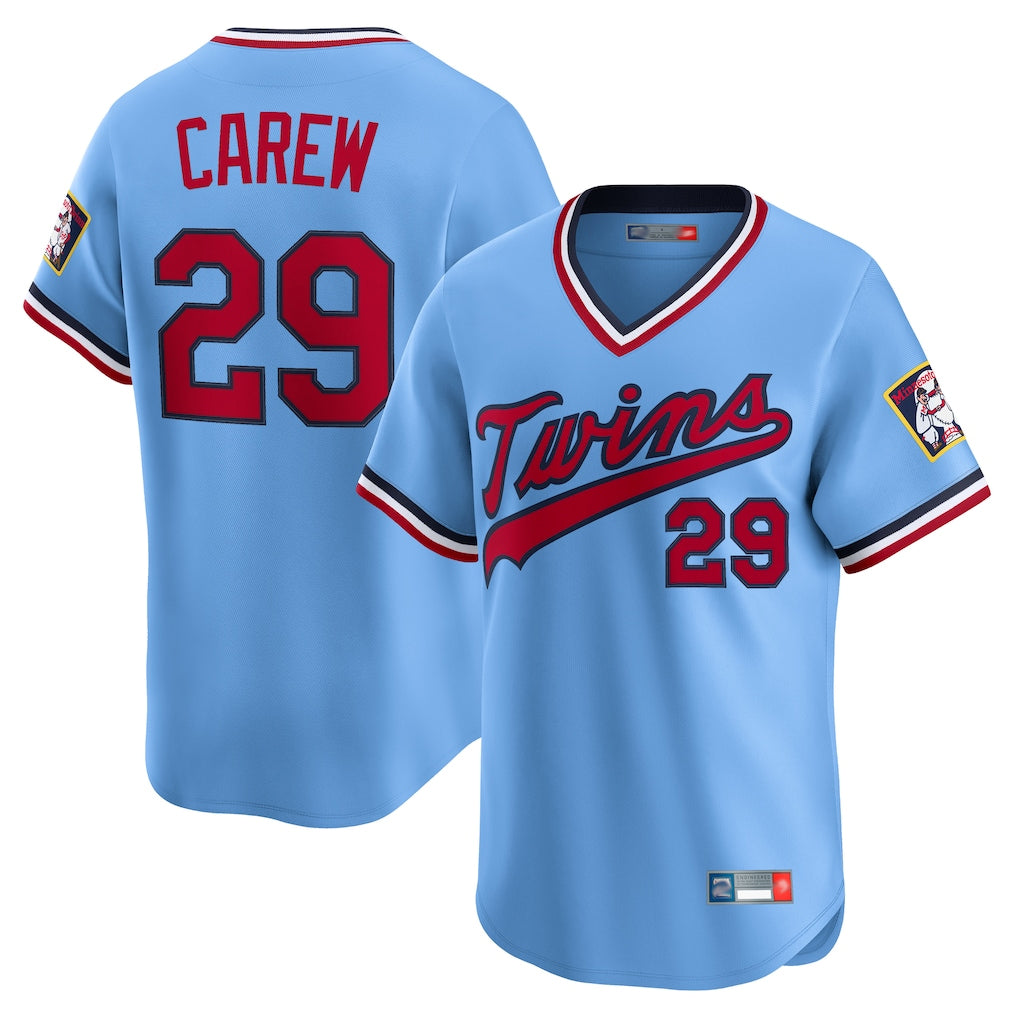 Tlead M.Twins #29 Rod Carew Player Light Blue Throwback Cooperstown Collection Limited T-shirt Stitched Jerseys