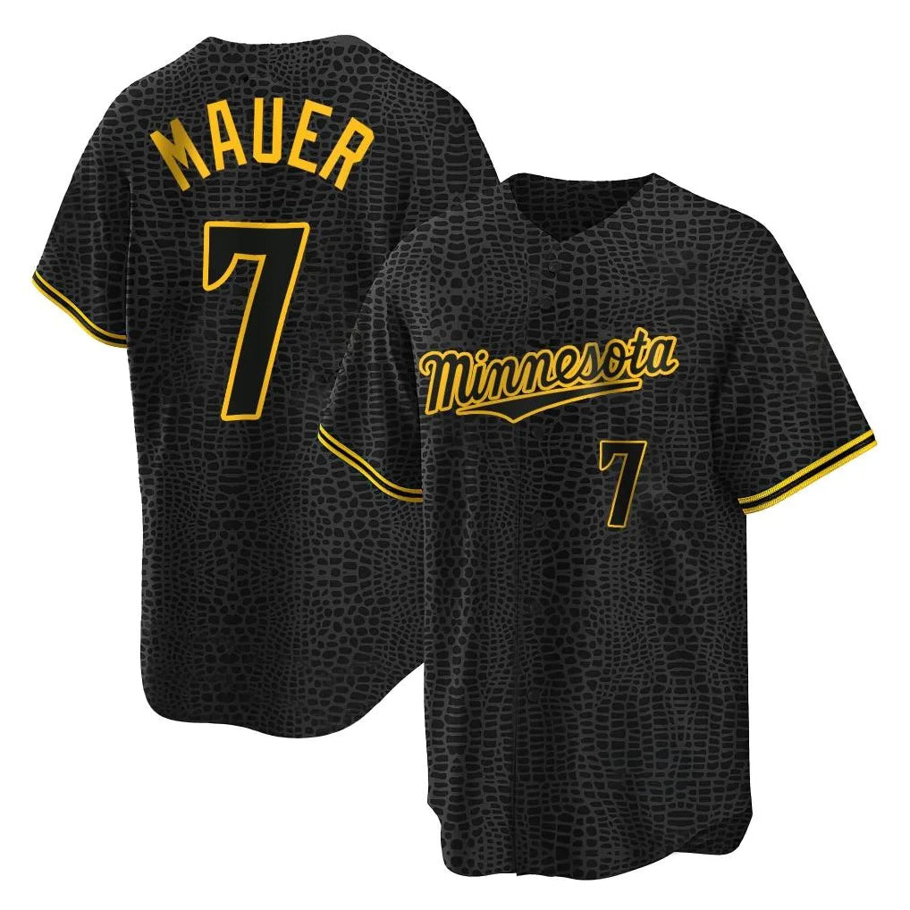 Tlead M.Twins #7 Joe Mauer Player Black Snake Skin City Home Game Stitched Jerseys