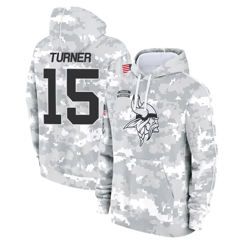 Tlead MN.Vikings #15 Dallas Turner Player Arctic Camo Salute to Service Pullover Hoodies Limited Game Stitched Jerseys