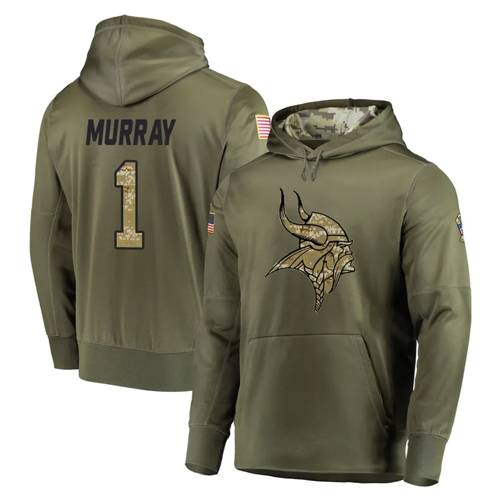 Tlead MN.Vikings #1 Kyler Murray Player Olive Salute to Service Pullover Hoodies Home Game Stitched Jerseys