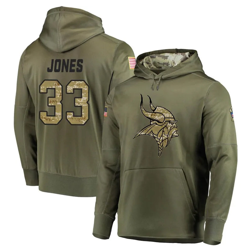 Tlead MN.Vikings #33 Aaron Jones Sr. Player Olive Salute to Service Pullover Hoodies Home Game Stitched Jerseys