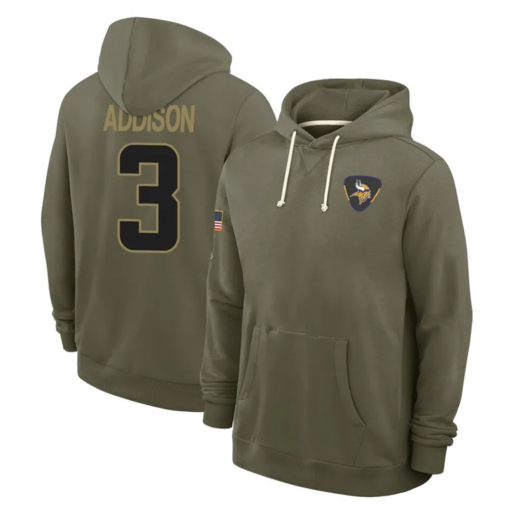 Tlead MN.Vikings #3 Jordan Addison Player Olive Salute to Service Pullover Hoodies Limited Stitched Jerseys