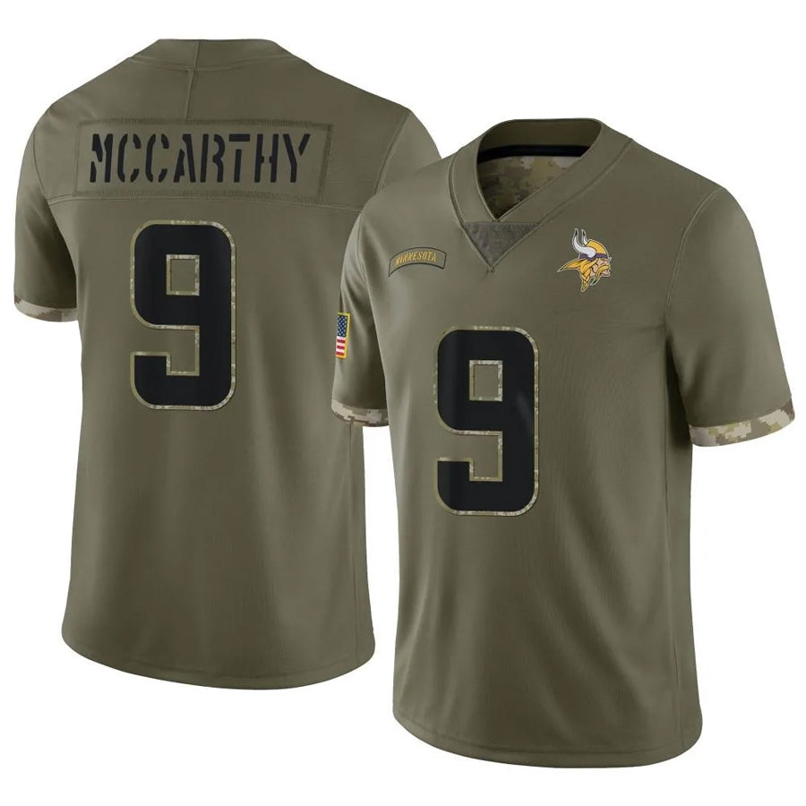 Tlead MN.Vikings #9 J.J. McCarthy Player Salute To Service Limited Olive Stitched Jerseys