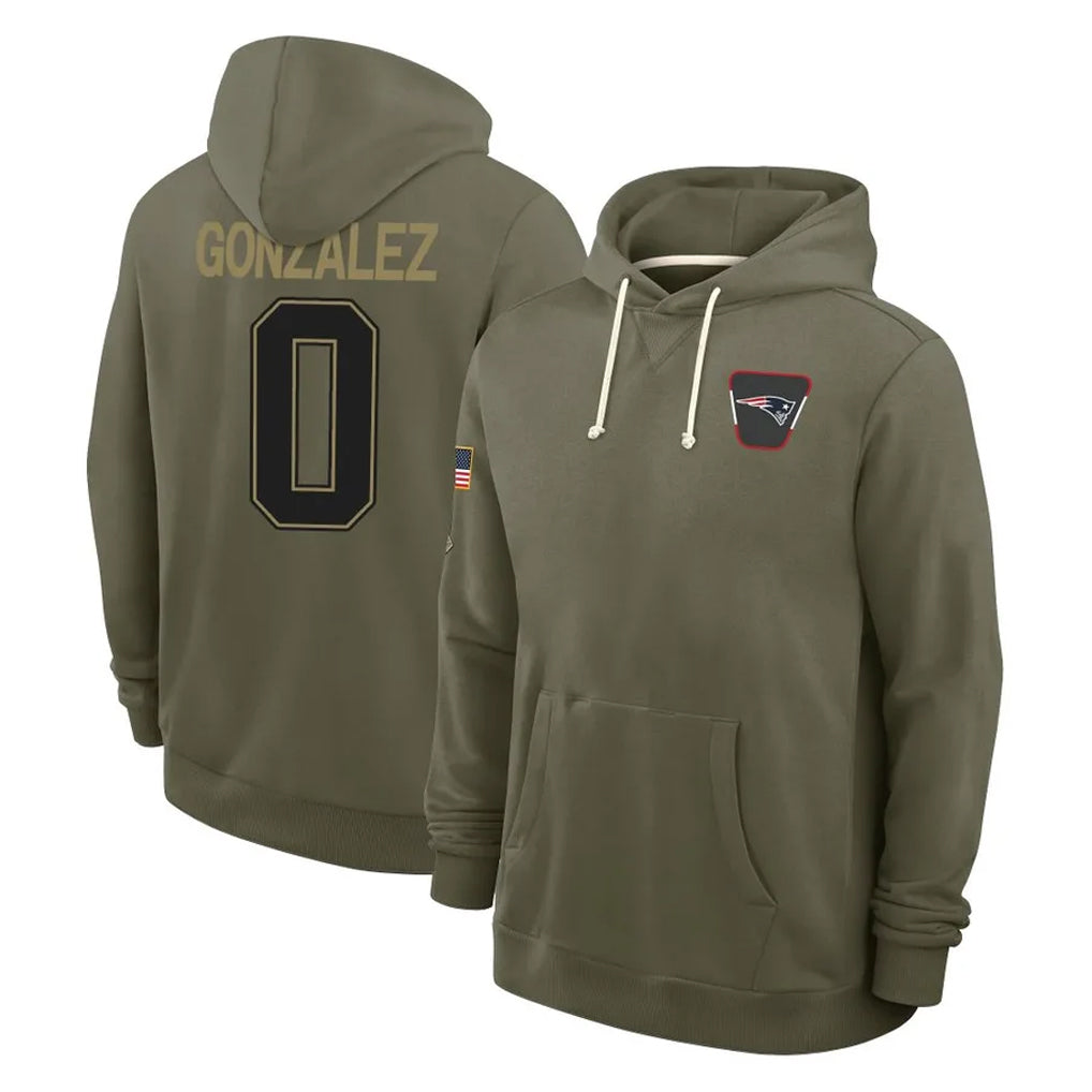 Tlead NE.Patriots #0 Christian Gonzalez Player Olive Salute to Service Pullover Hoodies Limited Stitched Jerseys