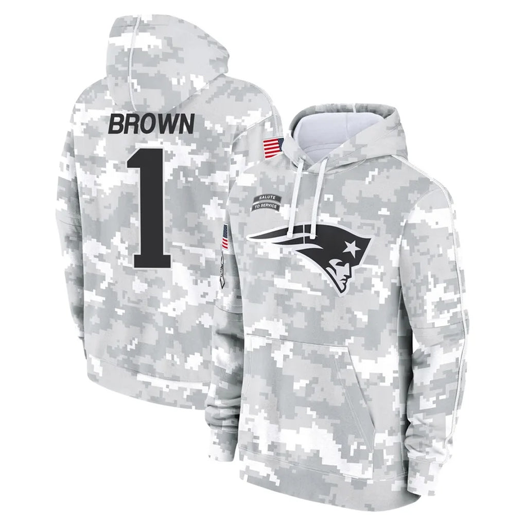 Tlead NE.Patriots #1 A.J. Brown Player Arctic Camo Salute to Service Pullover Hoodies Limited Game Stitched Jerseys