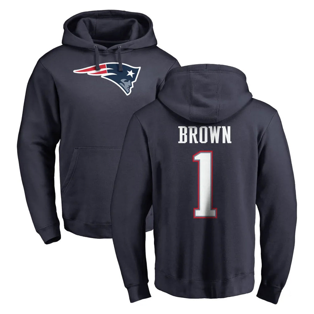 Tlead NE.Patriots #1 A.J. Brown Player Navy LOGO Pullover Hoodies Home Game Stitched Jerseys