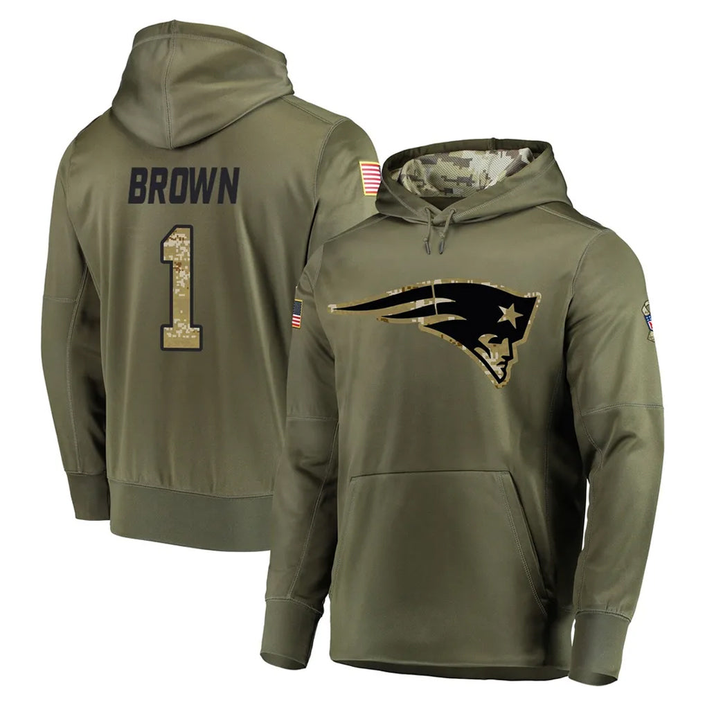Tlead NE.Patriots #1 A.J. Brown Player Olive Salute to Service Pullover Hoodies Home Game Stitched Jerseys