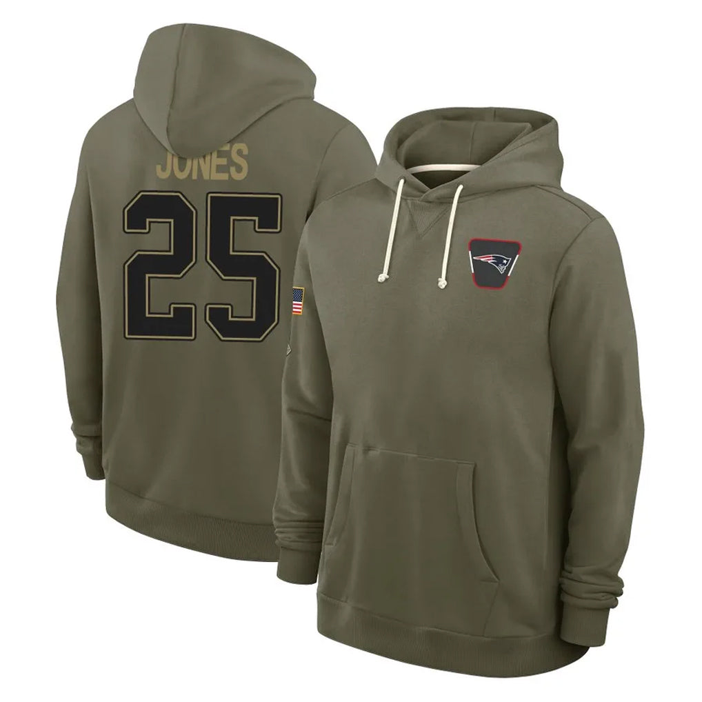 Tlead NE.Patriots #25 Marcus Jones Player Olive Salute to Service Pullover Hoodies Limited Stitched Jerseys