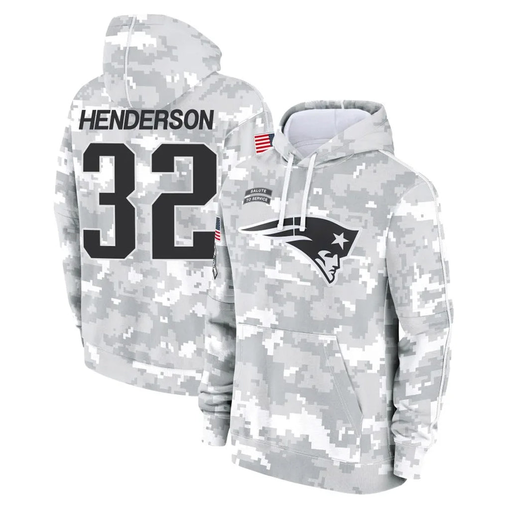 Tlead NE.Patriots #32 TreVeyon Henderson Player Arctic Camo Salute to Service Pullover Hoodies Limited Game Stitched Jerseys