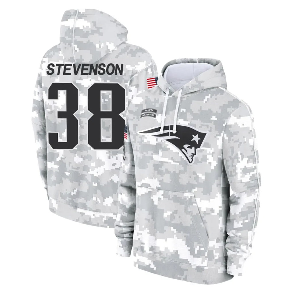 Tlead NE.Patriots #38 Rhamondre Stevenson Player Arctic Camo Salute to Service Pullover Hoodies Limited Game Stitched Jerseys