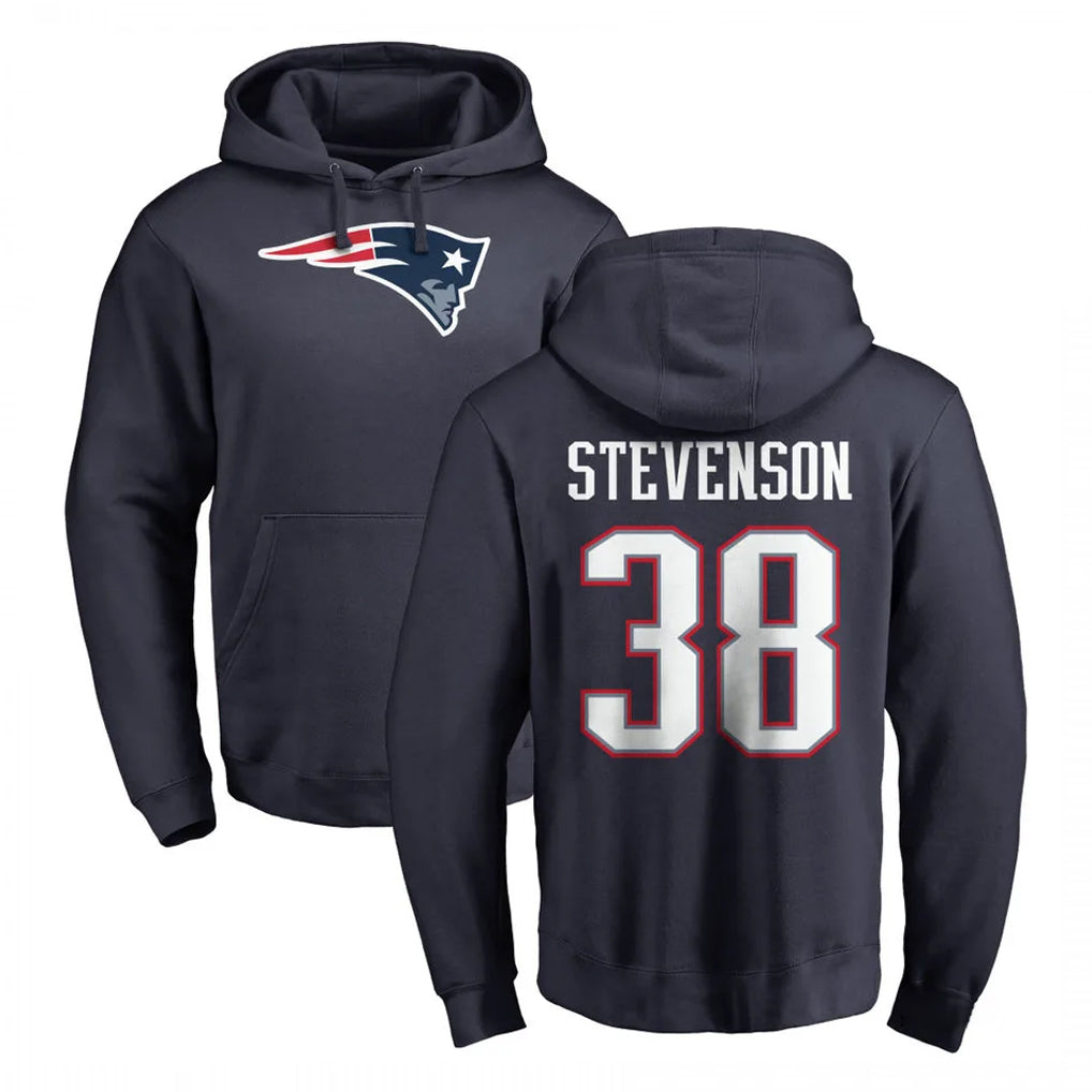 Tlead NE.Patriots #38 Rhamondre Stevenson Player Navy LOGO Pullover Hoodies Home Game Stitched Jerseys